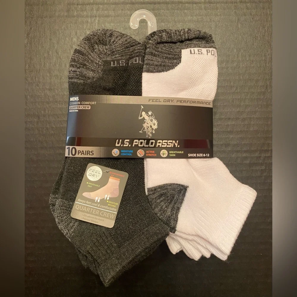 U.S. POLO ASSN.‎ Men's 10 Pack Cushion Comfort Quarter Crew Socks Size 6-12